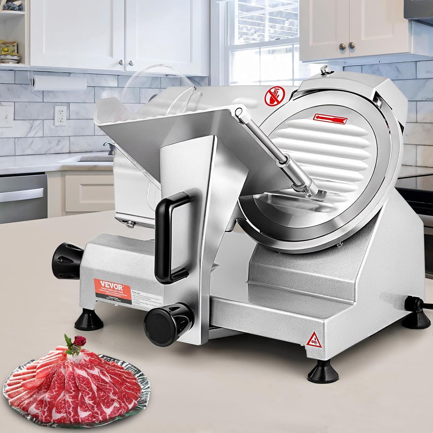 VEVOR Commercial Meat Slicer, 200W Electric Deli Food Slicer, 0-12mm Adjustable Thickness Electric Meat Slicer, 350-400RPM Slicer with 8.7'' Chromium-plated Steel Blade for Home &amp; Commercial Use