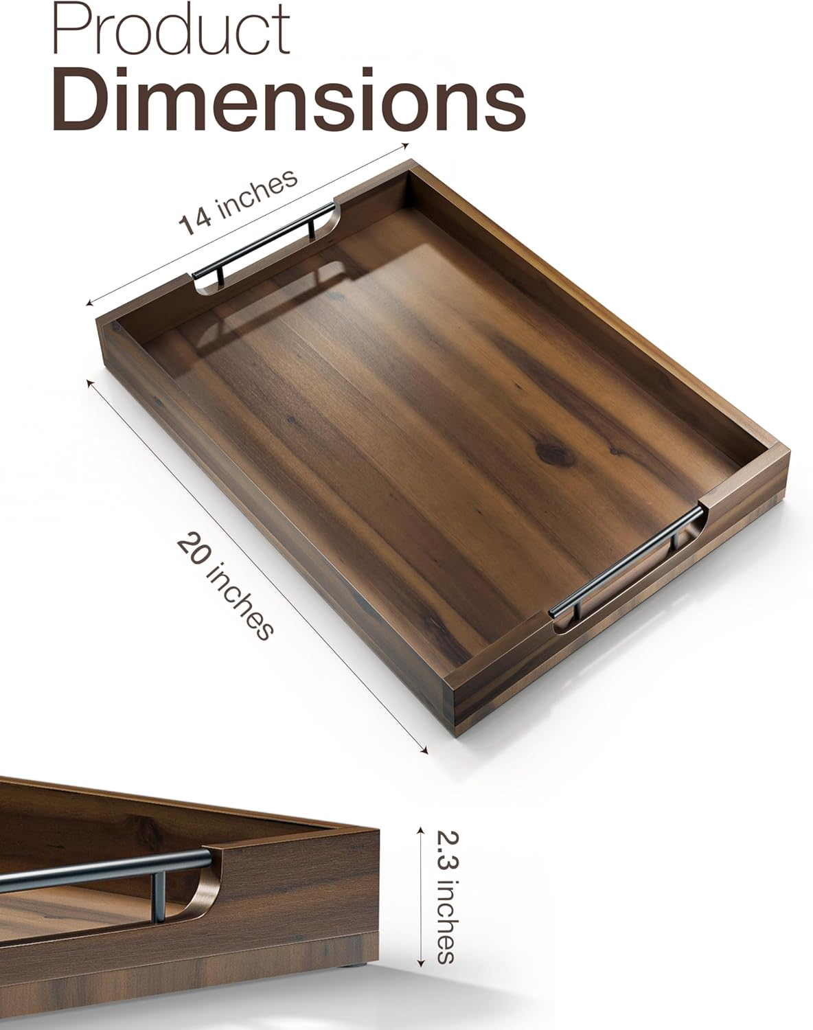 TIDITA 20"x14" Wooden Large Serving Tray, Walnut Color, Metal Handles | Acacia Wooden Tray for Ottoman, Wooden Ottoman Tray for Living Room, Decorative Trays for Coffee Table, Non-slip Pads