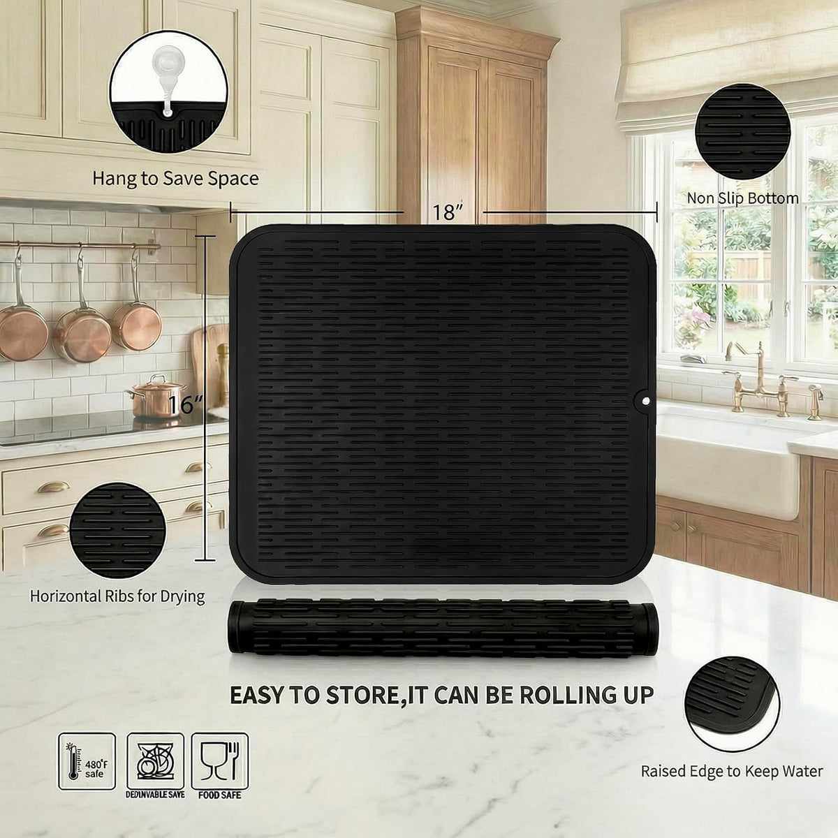 MicoYang Silicone Dish Drying Mat for Multiple Usage,Easy clean,Eco-friendly,Heat-resistant Silicone Mat for Kitchen Counter or Sink,Refrigerator or Drawer Liner Black XL 18 inches x 16 inches