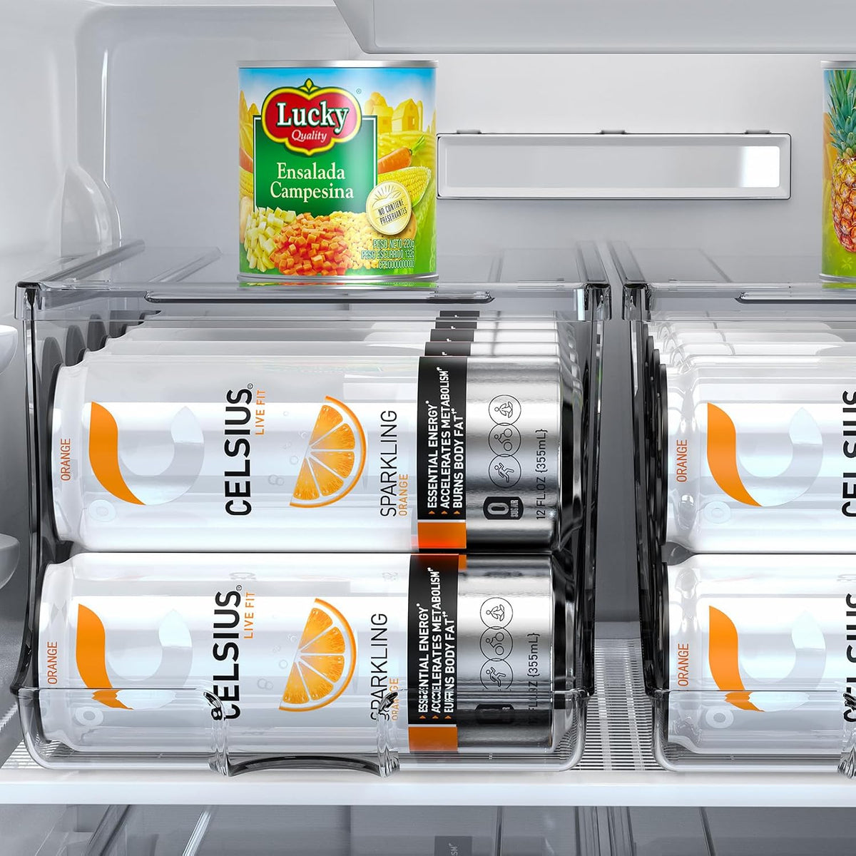 Skinny Can Organizer for Refrigerator, Stackable Tall Skinny Soda Pop Can Holder Dispenser with Lid for Fridge Pantry Rack Freezer, Clear Plastic Storage Bins-Holds 12 Slim Cans (See-through)