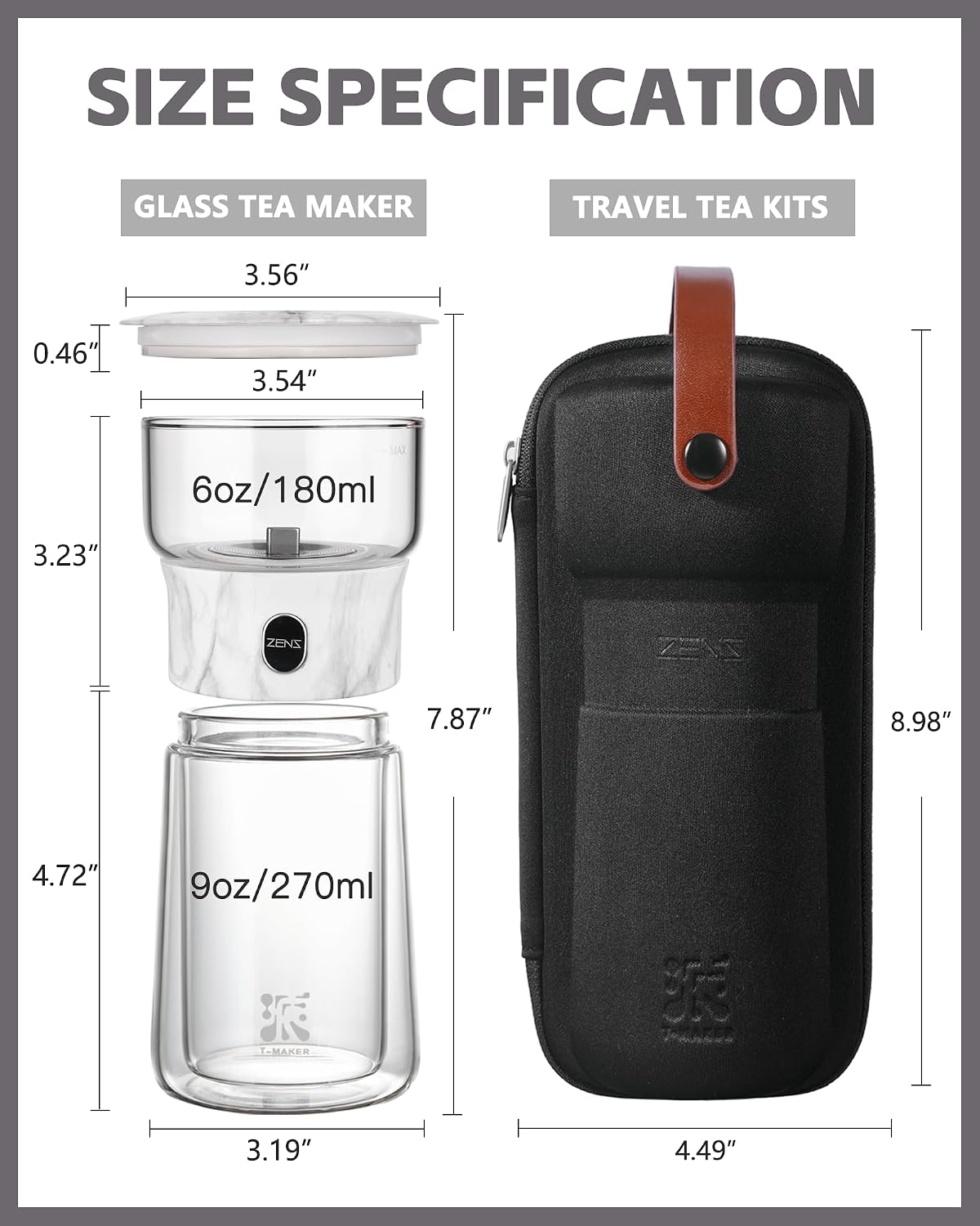ZENS Modern One Touch Tea Maker, Glass Tea Infuser Pot for Loose Leaf Tea | Magic Teapot, Modern Tea Diffusers with 9oz Insulated Mug and Portable Bag for Tea Lovers Gifts, Marble