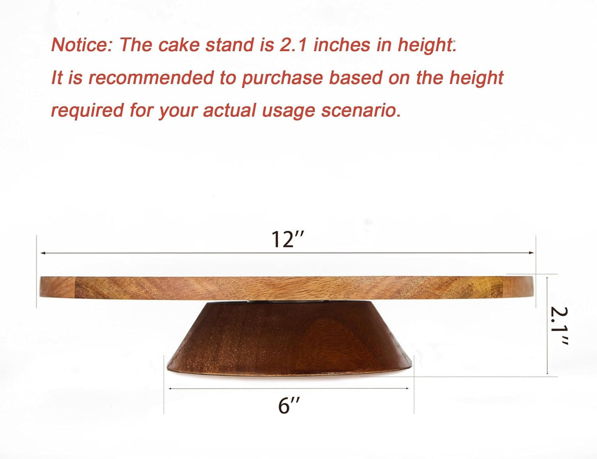 12" Acacia Wood Revolving Cake Stand, 2" High Rotating Cake Turntable, Wooden Rotating Display Stand for Cake, Cupcake Decorating Supplies