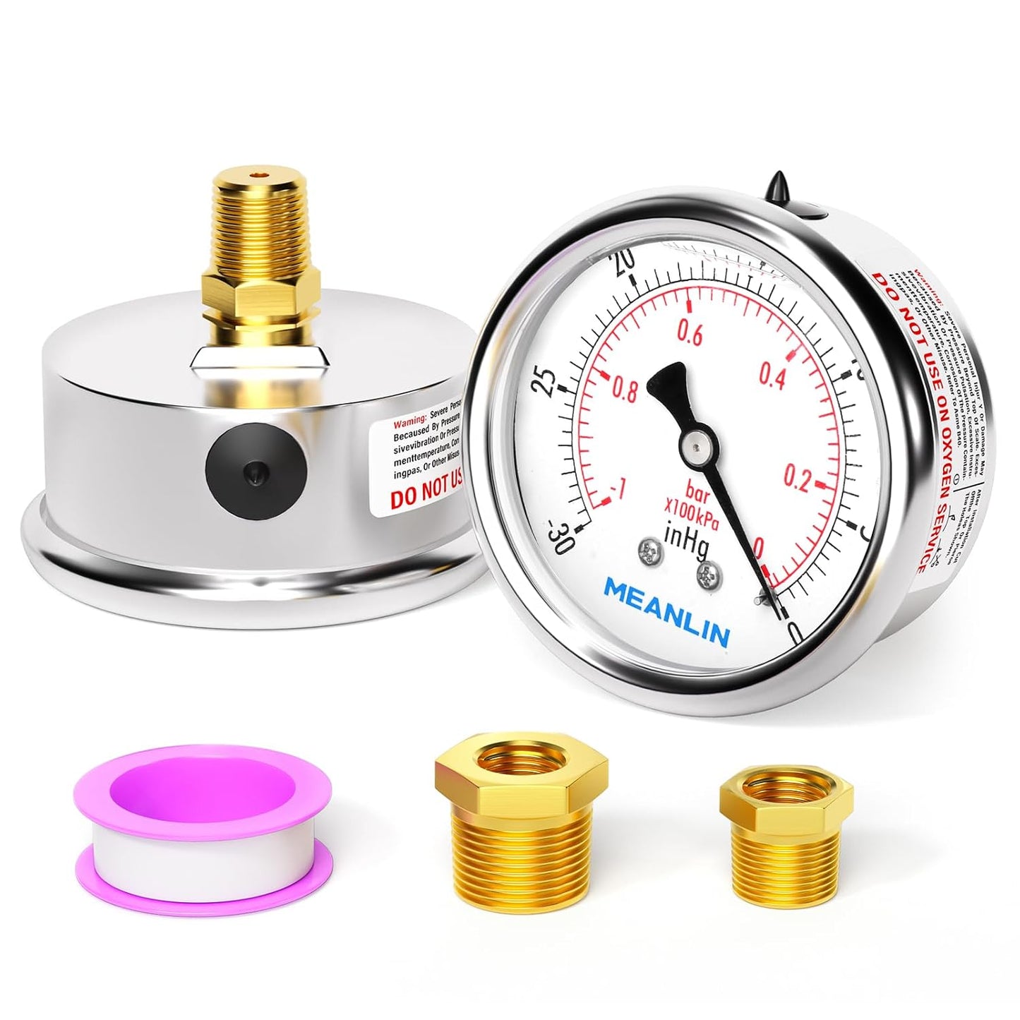 MEANLIN MEASURE -30inHG~0Psi Stainless Steel 1/4" NPT 2.5" FACE DIAL Vacuum Pressure Gauge, Center Back Mount, with 1/2" NPT and 3/8" NPT Hex Bushing