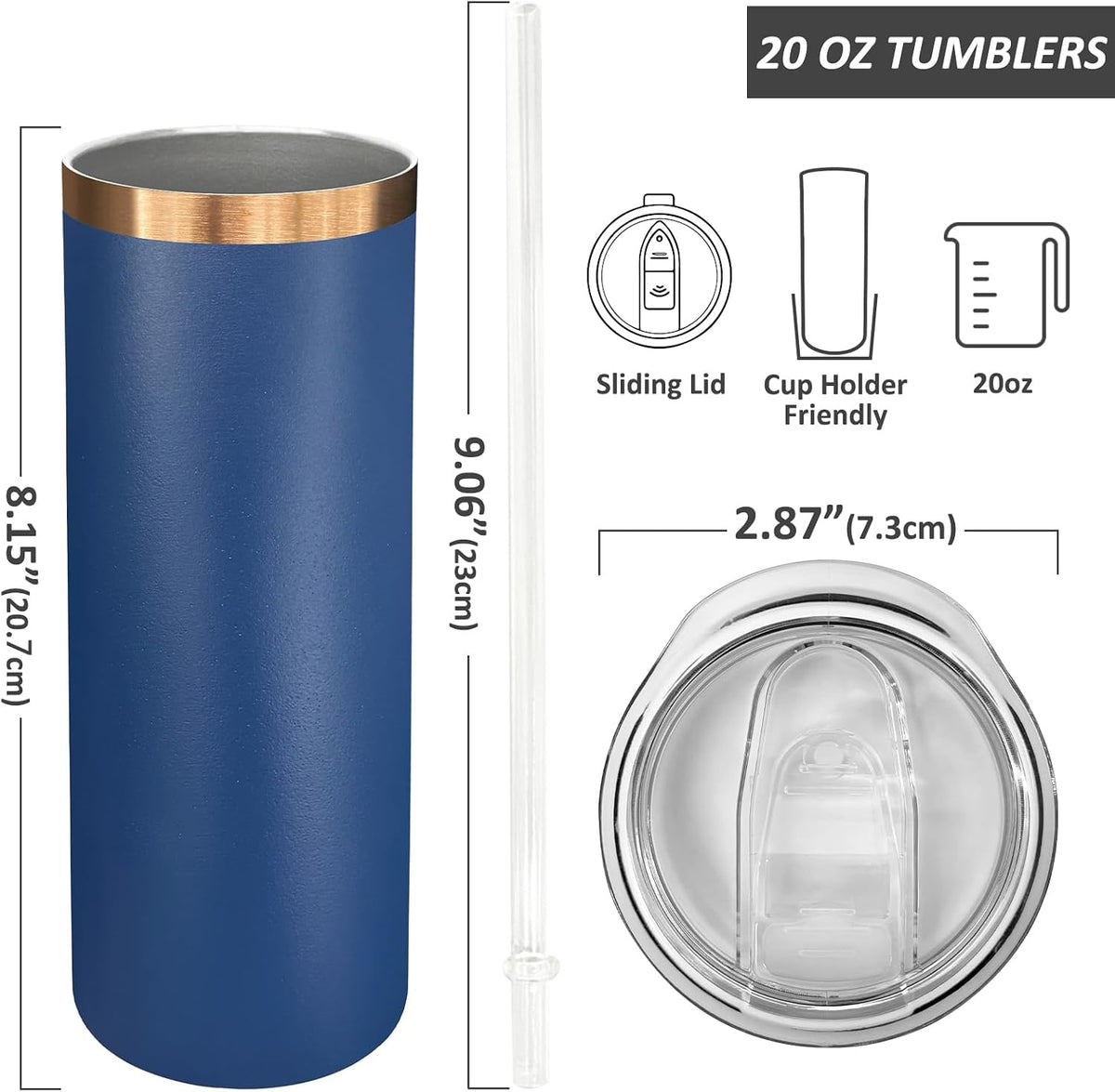 20 oz Skinny Tumblers Bulk with Lids and Straws Navy,1 pack | Stainless Steel Insulated Tumbler, Double Wall Vaccum Travel Coffee Mug, Keep Drinks Cold&amp;Hot, Powder Coated, Laser Engrave