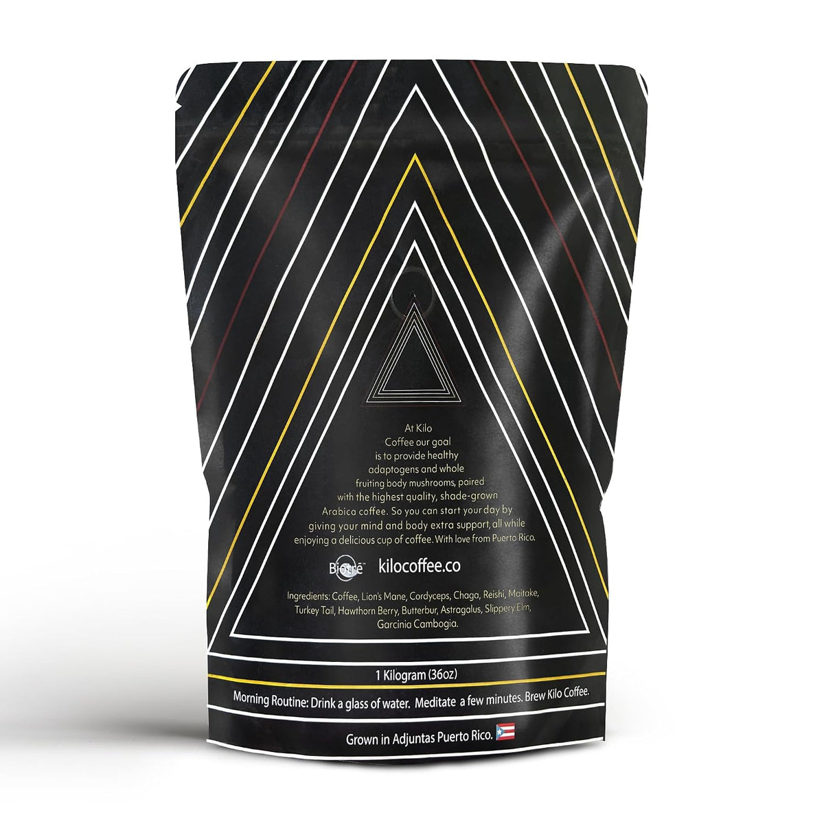 Kilo Mushroom Coffee, with Lions Mane, Chaga, Reishi, Cordyceps, Cacao, Cinnamon. Medium Roast, Arabica, Low Acid, from Puerto Rico. 2.2lbs