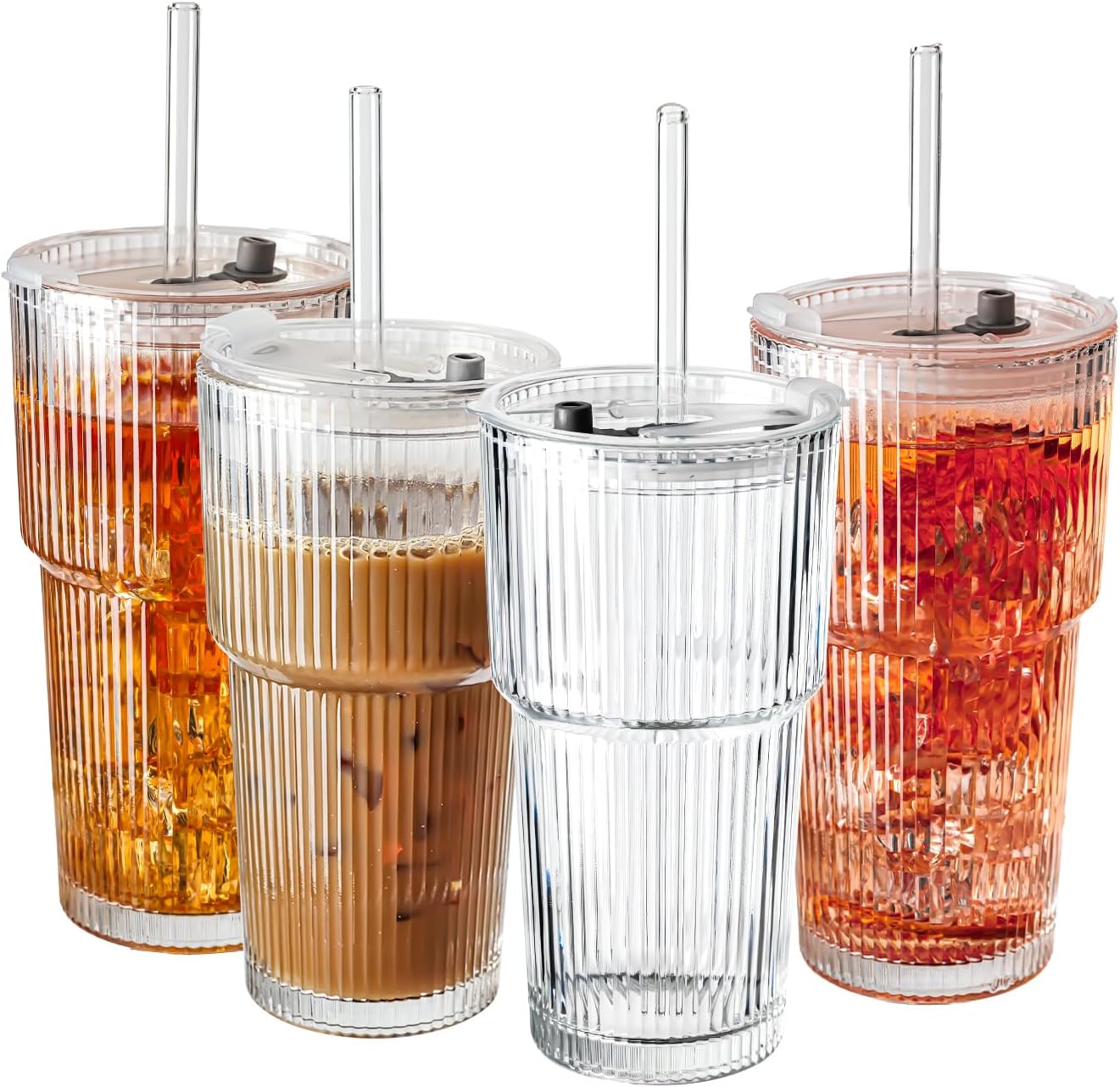SUROQUE 20oz Ribbed Glass Tumblers with Lids &amp; Straws, Ideal for Iced Coffee, Cocktails &amp; More - Includes Cleaning Brush