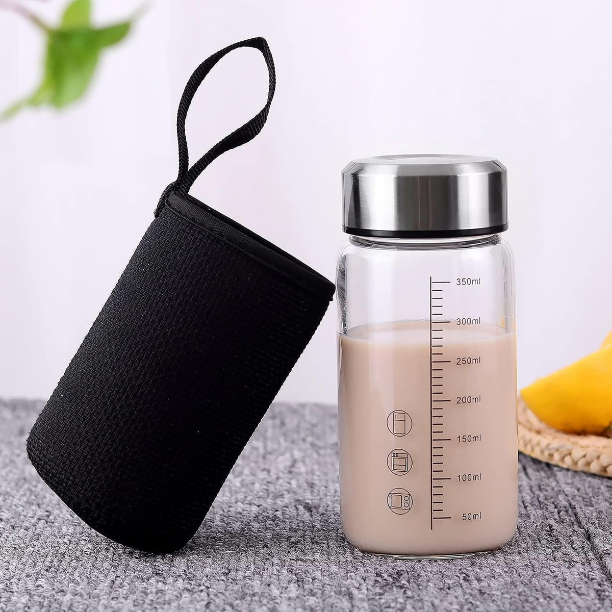 12Oz Small Glass Water Bottle with Lid and Sleeve,0.15in/3.8mm Thick Shaker Bottles for Protein Mixes,Juicing,Smoothies, Infused Water,Beverage,Reusable Small Glass Bottle