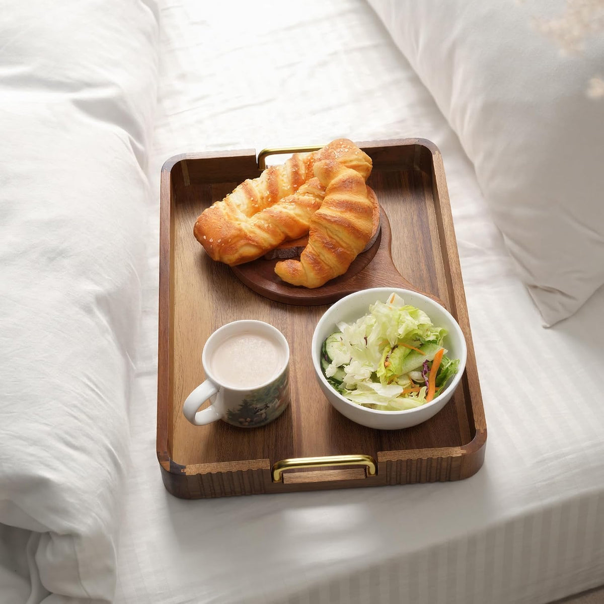 Acacia Wood Serving Tray with Gold Handles (Natural, 17" x 13" x 2") | Decorative coffee table tray for living room &amp; ottoman tray with anti-slip pads, bar tray, Breakfast in Bed and gift box.