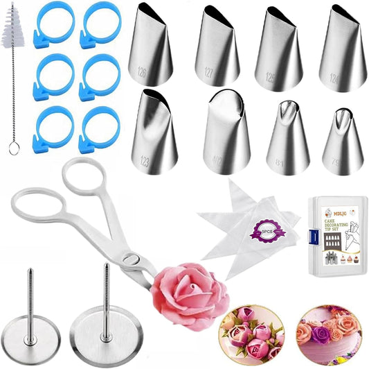 23 pcs Icing Piping Tips（with 8rose flower piping tips 2 Flower Nails 1 Flower Lifter 1Cake Decorating Tips Brush 5 Piping