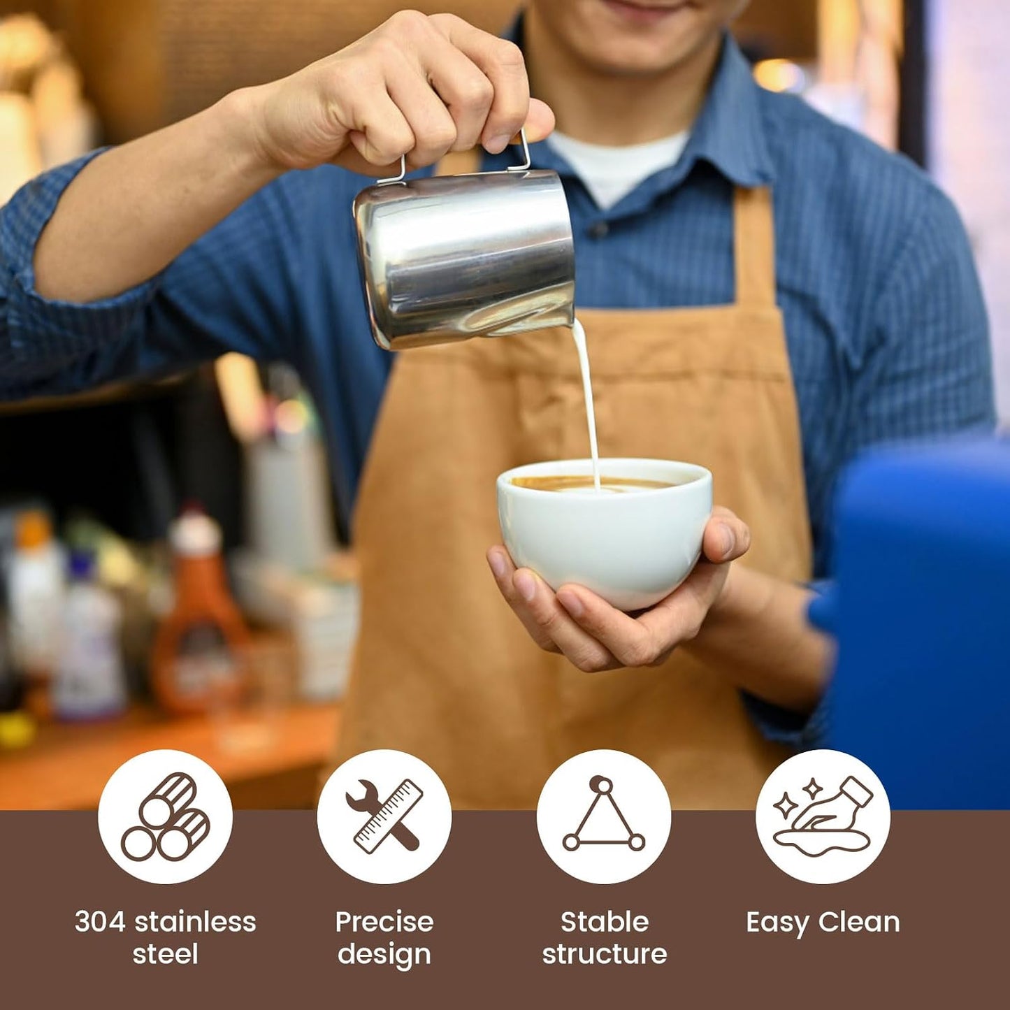 4PCS Milk Frothing Pitcher, 12oz/350ml Stainless Steel Milk Frother Cup, Espresso Coffee Jug for Latte Art Cappuccino, Barista Milk Cup with Decorating Pen for Home Barista and Coffee Bar