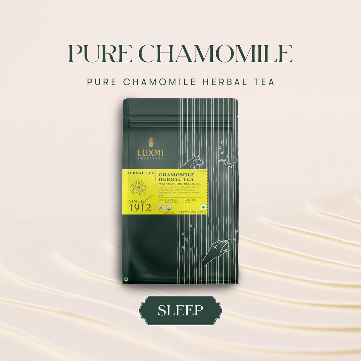 Luxmi Estates Pure Chamomile Tea, Loose Leaf, 100g (3.52oz, ~50 Cups) | USDA Organic Whole Chamomile Flowers | Single-Ingredient Caffeine-Free Herbal Infusion | Vegan, Non-GMO Bulk Pack