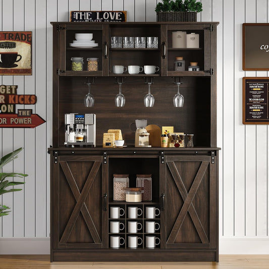 4ever2buy 72" Farmhouse Coffee Bar Cabinet with 2 Glass Doors & 9 Wine Racks, Tall Hutch Cabinet with Storage, Wine Bar with