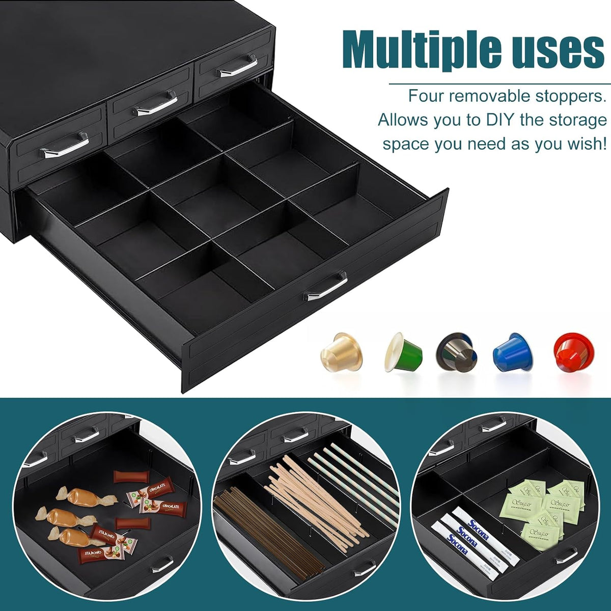 K Cup Holder Drawer 66/88 Pods Capacity, Four Drawers Design for Nespresso Pods Holder, Coffee Pod Holder Compatible With Keurig Pod Organizer&amp;Nespresso/K-Cup/Vertuo Pod Holder, Black