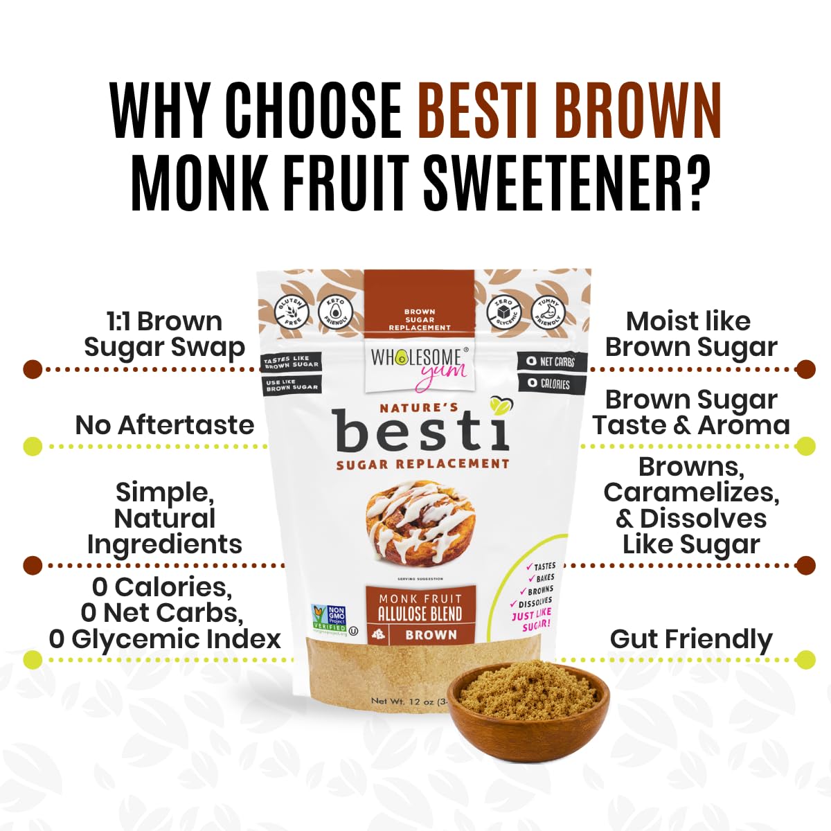 Wholesome Yum Besti Brown Sugar Substitute, Monk Fruit Allulose Sweetener | Keto Brown Allulose Blend. Moist, Sugar Free, Zero Calorie, 0 Carb, No Erythritol, Non GMO, Natural, No Aftertaste (12oz)