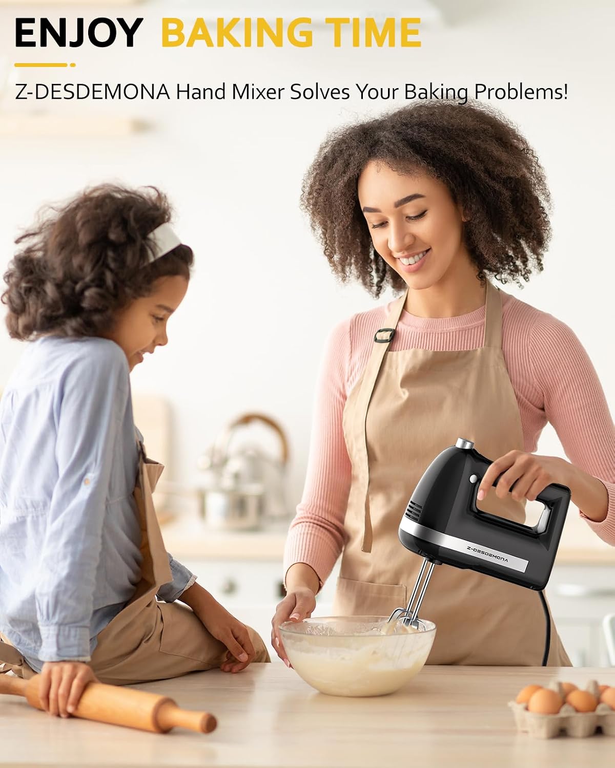 Electric Hand Mixer, Powerful Hand Mixer Electric Handheld with 304*(2*Beaters, 2*Dough Hooks),(1*Storage Bag) Hand Held Mixer with Turbo for Baking Cakes,Cream(Black)