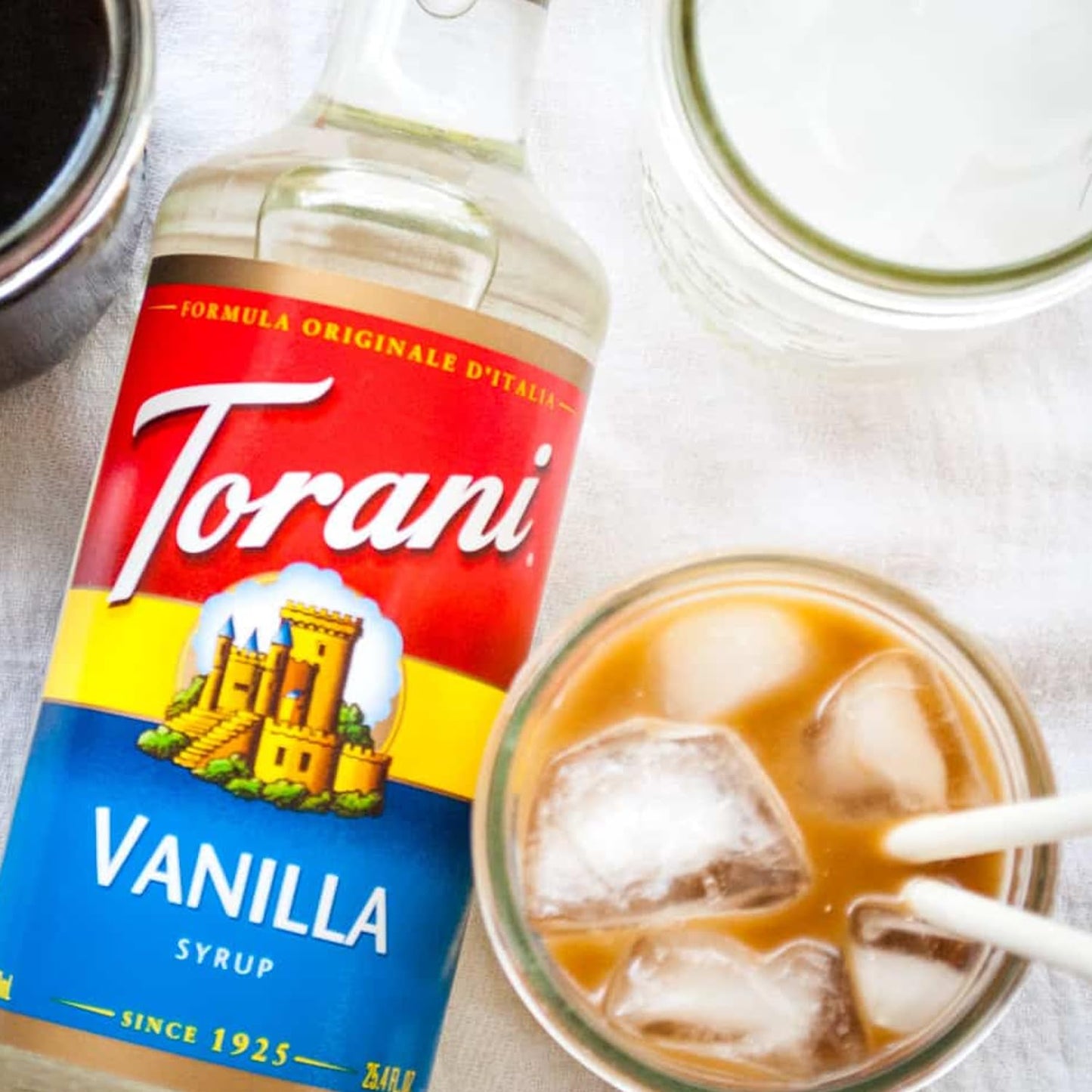 2 Syrup Pump Dispenser Bundle with Torani Coffee Syrup, Vanilla & Caramel Flavors, 25.4 oz Bottles