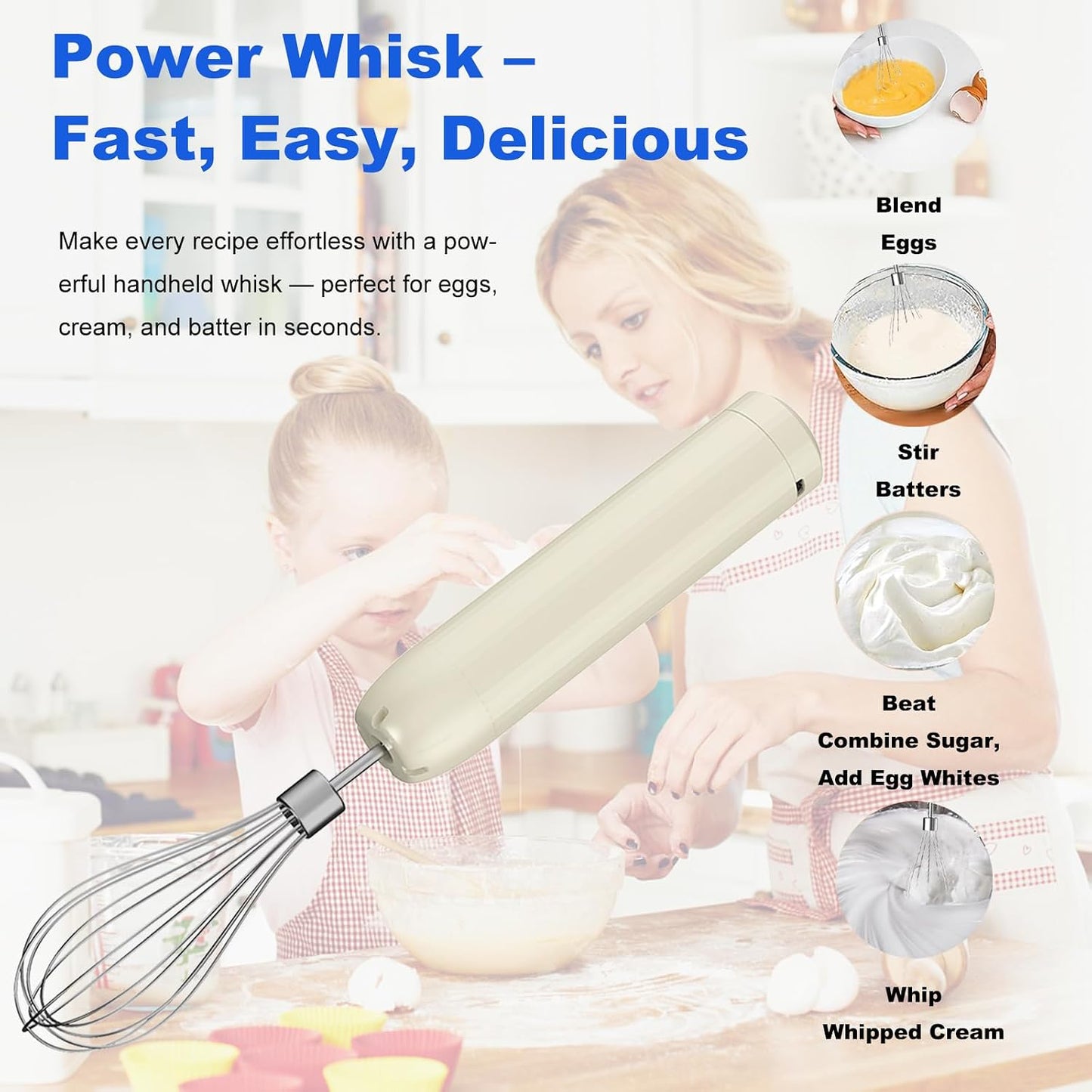 Cordless Hand Mixer MixgoII, Handheld Mixer Electric Whisk &amp; Milk Frother, Hand Held Mini Mixers, Rechargeable Hand Mixer and Whisker, Food Processor for Cooking, Food Chopper, 4-Speed, 10Oz