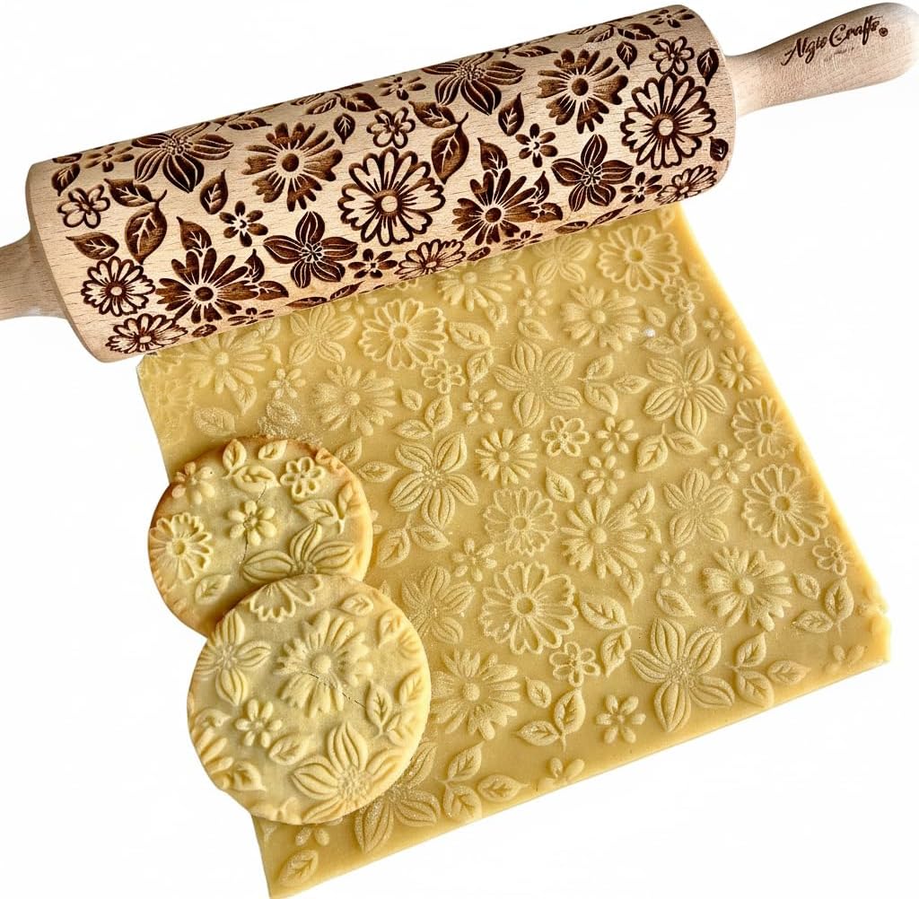 FLOWER MIX Embossing Rolling Pin with Flowers Pattern. Dough and Clay Roller for Embossed Cookies and Pottery. Cookie and Ceramic Stamp. Backing Gifts for Women by Algis Crafts