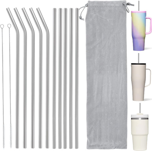 10 Pcs Stainless Steel Straw, Long Metal Straws for 40 Oz Tumbler Comes with Two Cleaning Brushes and A Bag, Reusable