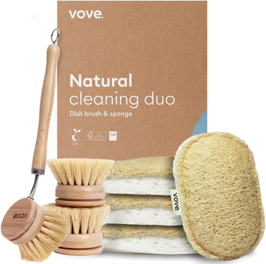 Vove Cleaning Duo, Bamboo Dish Brush Set and Natural Dish Sponges, FSC-Certified Bamboo, Sisal, Loofah, Cellulose,
