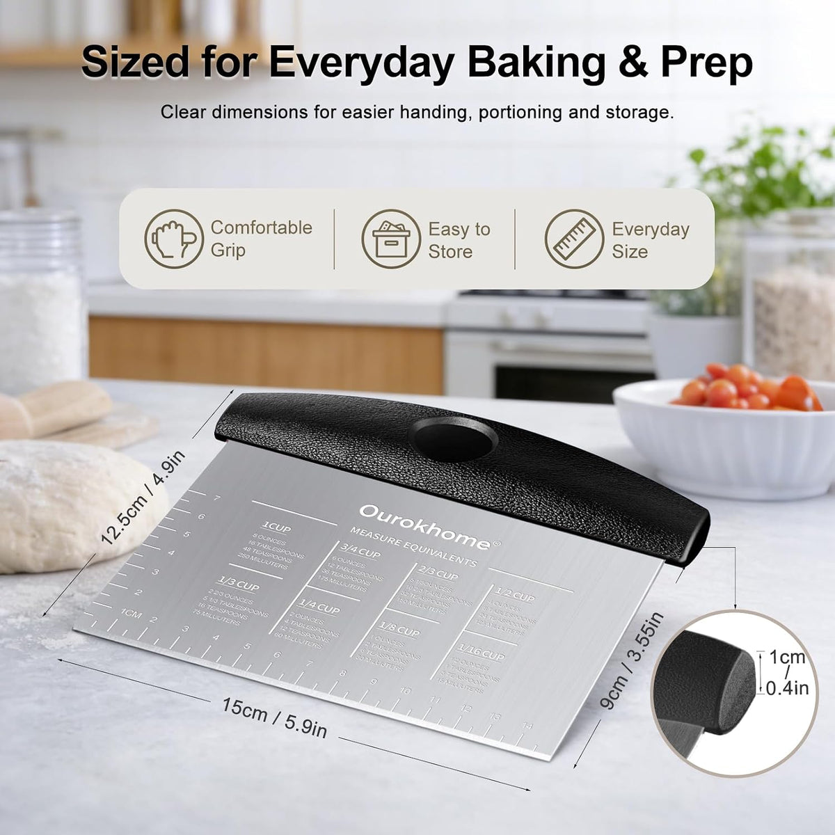 Ourokhome 2 Pack Bench Scraper Dough Cutter, Stainless Steel Dough Scraper with Laser-Etched Scale, Conversion Chart, Non-Slip Handle, Dishwasher Safe for Bread &amp; Pastry, Black