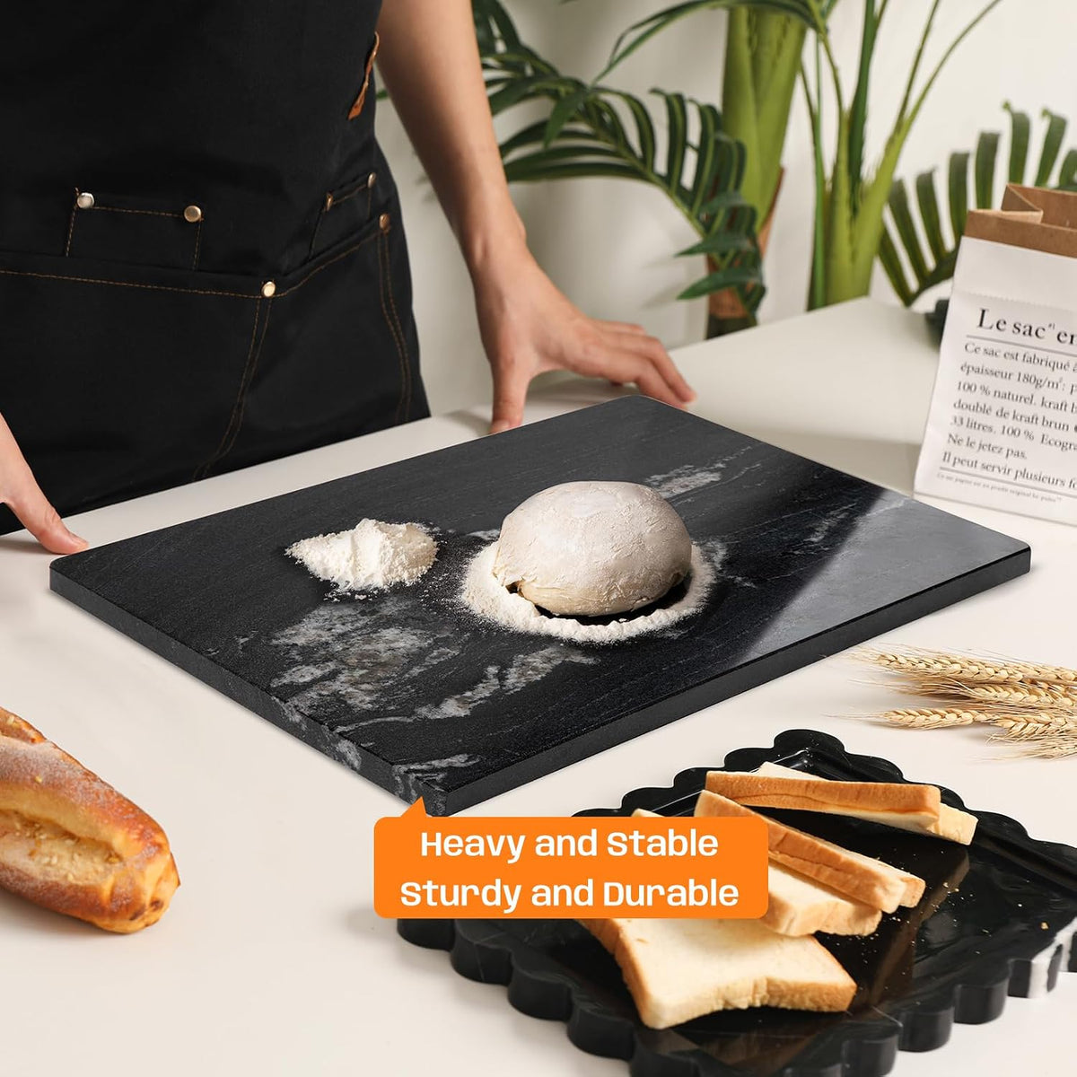 Black Marble Cutting Board, 12×16In Stone Cutting Boards for Kitchen | Marble Slab Pastry Board With Non-Slip Feet for Baking Cheese Charcuterie Dough - Wedding Gift, Easy Clean and Drain