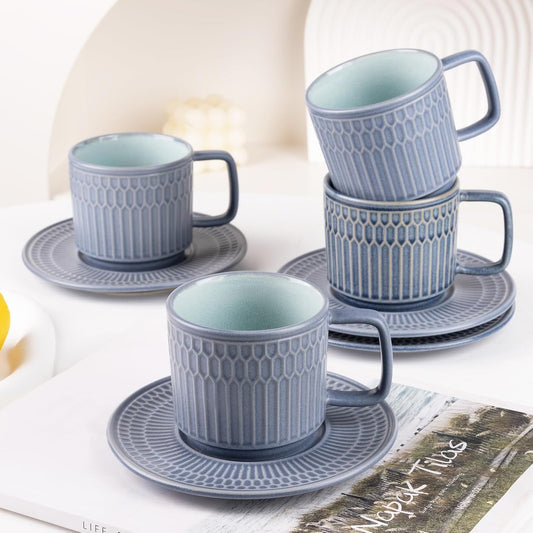 Large Cappuccino Cups with Saucers Set of 4, 8 Ounce Stackable Embossed Ceramic Coffee Mugs for Specialty Coffee Drinks,