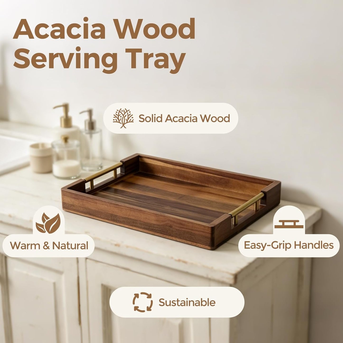 Acacia Wood Serving Tray with Golden Handles, 17" Wooden Tray for Ottoman | Large Wooden Tray for Ottoman, Coffee Table, Breakfast in Bed, Bar, Rectangular Decorative Tray for Modern Farmhouse Decor