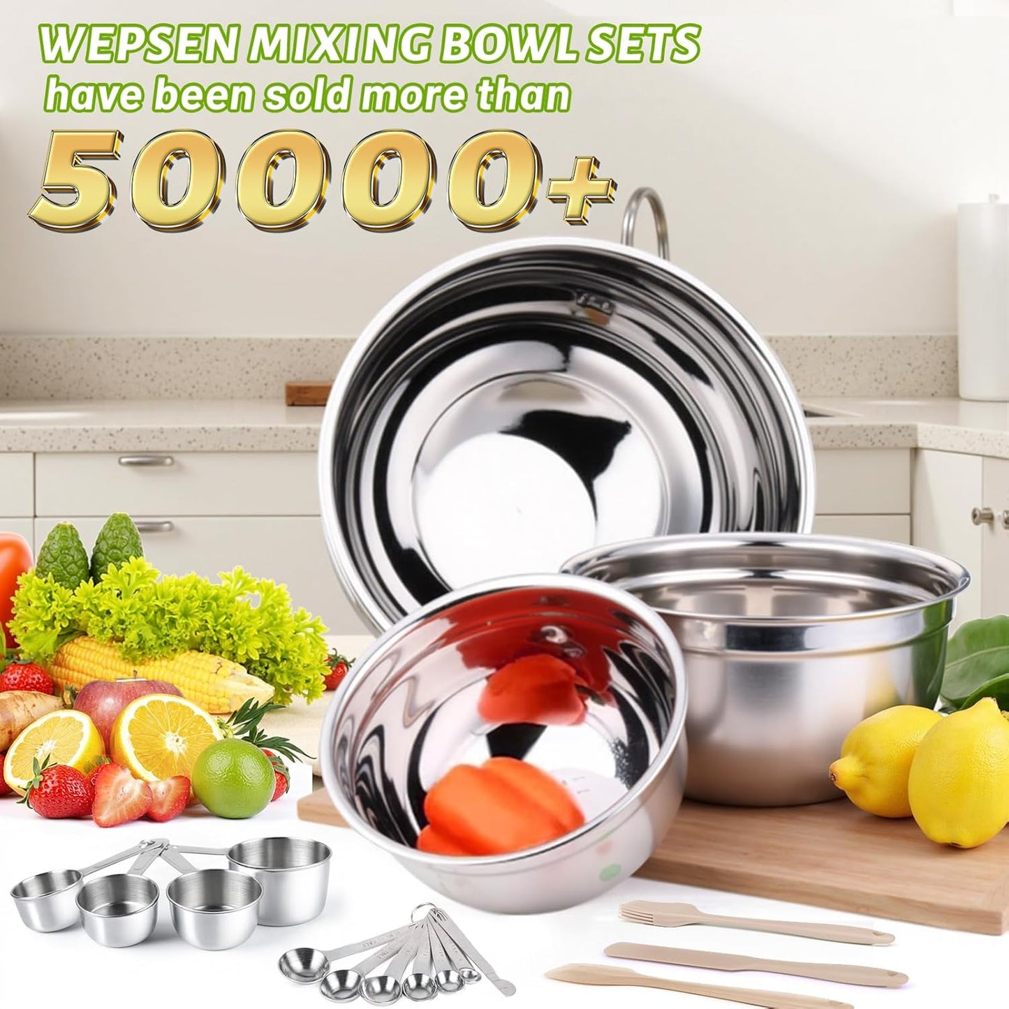 Mixing Bowls Set, 27PCS Khaki Mixing Bowls With Lids Set Stainless Steel Kitchen Large Nesting Metal Bowl 7QT to 1.5QT,