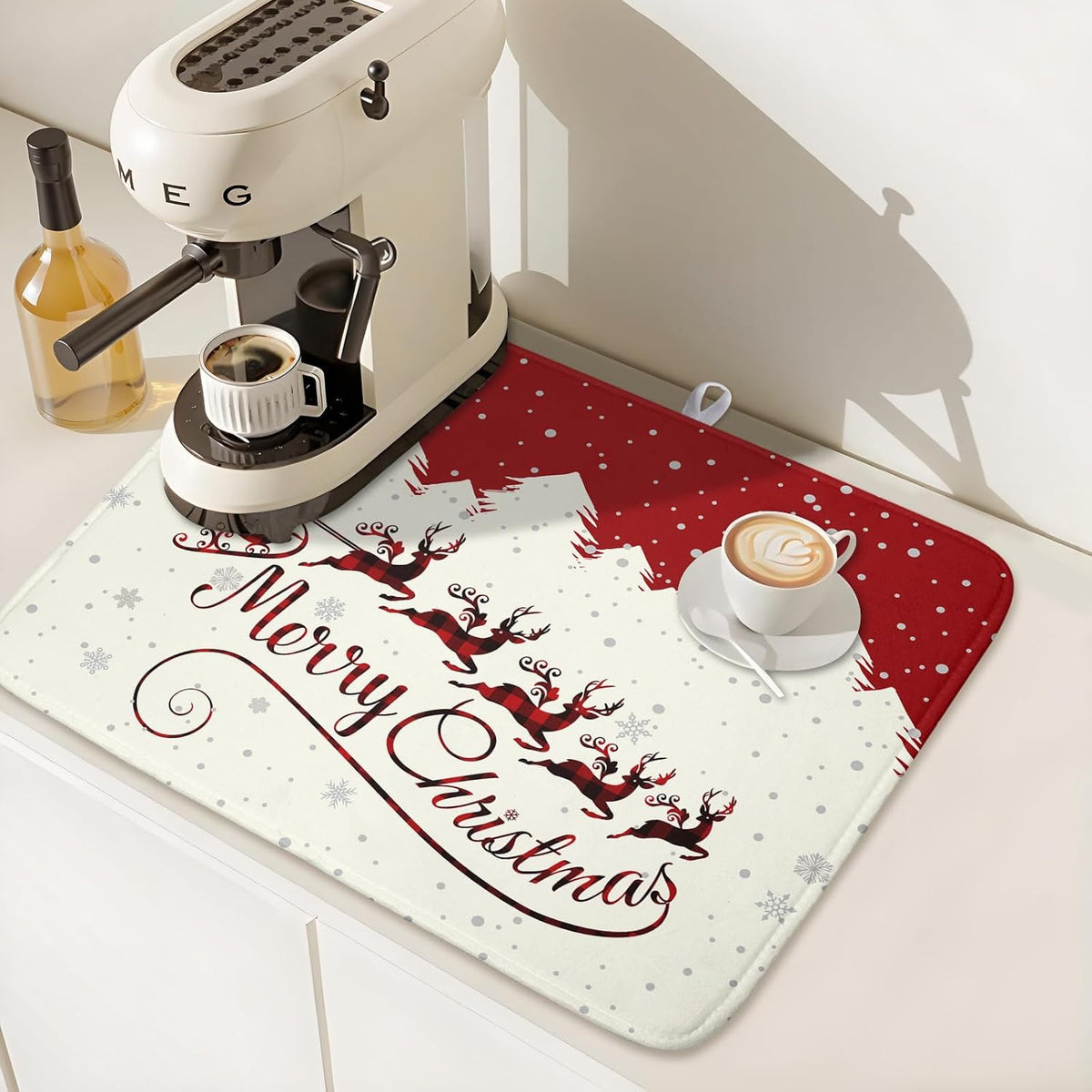 Christmas Moose Dish Drying Mat 18x24 for Winter Santa Claus Kitchen Counter Decor Absorbent Reversible Microfiber Deers Animal Dishes Pad Dish Drainer Rack Mats Kitchen Accessories