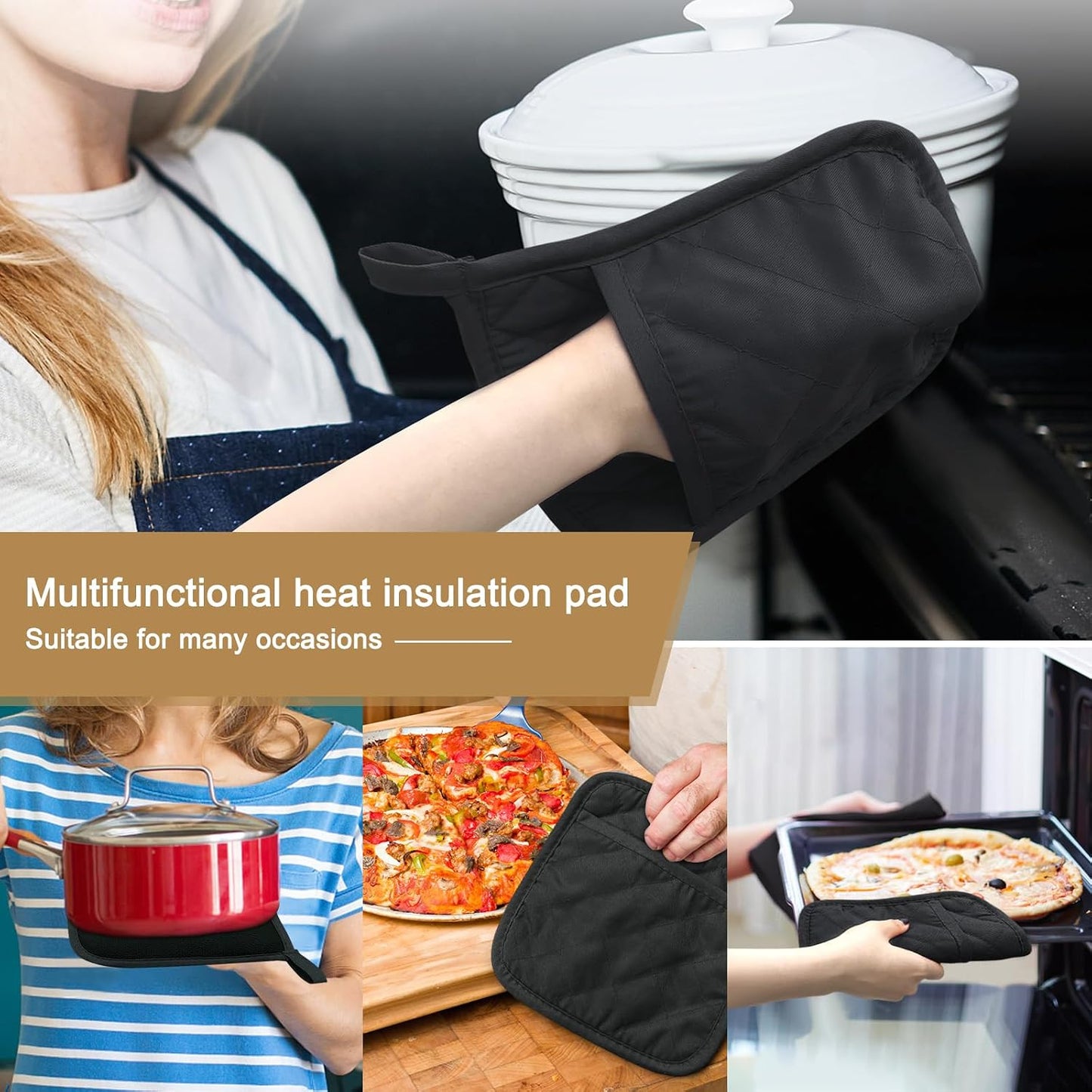 2Pcs Cotton and Neoprene Oven Pads Pot Holders with Pocket 8"x8.5" Dual-Function Hot Pad Set for Finger Hand Wrist Protection Heat Resistant to 428°F,Black