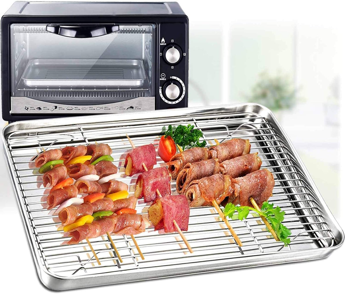 TeamFar Toaster Oven Pan with Cooling Rack, 10.4"x 8"x1" Toaster Oven Tray | Stainless Steel Toaster Oven Pan with Baking Wire Rack for Cooking, Healthy &amp; Non Toxic, Mirror Finish &amp; Dishwasher Safe