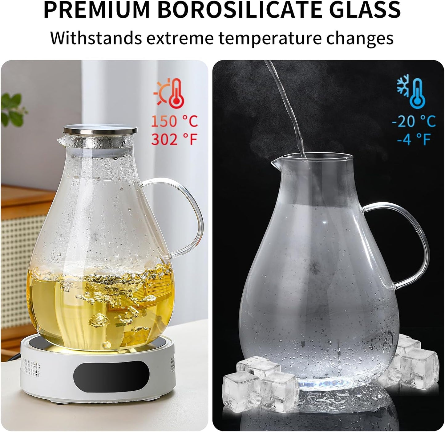 UNBREAKABLE - 1 Gallon Glass Pitcher – 3800ml Heat-Resistant Borosilicate Water Jug with Stainless Steel Lid, Easy to Clean, Handmade Carafe for Hot &amp; Cold Drinks – Modern Style for Home or Office