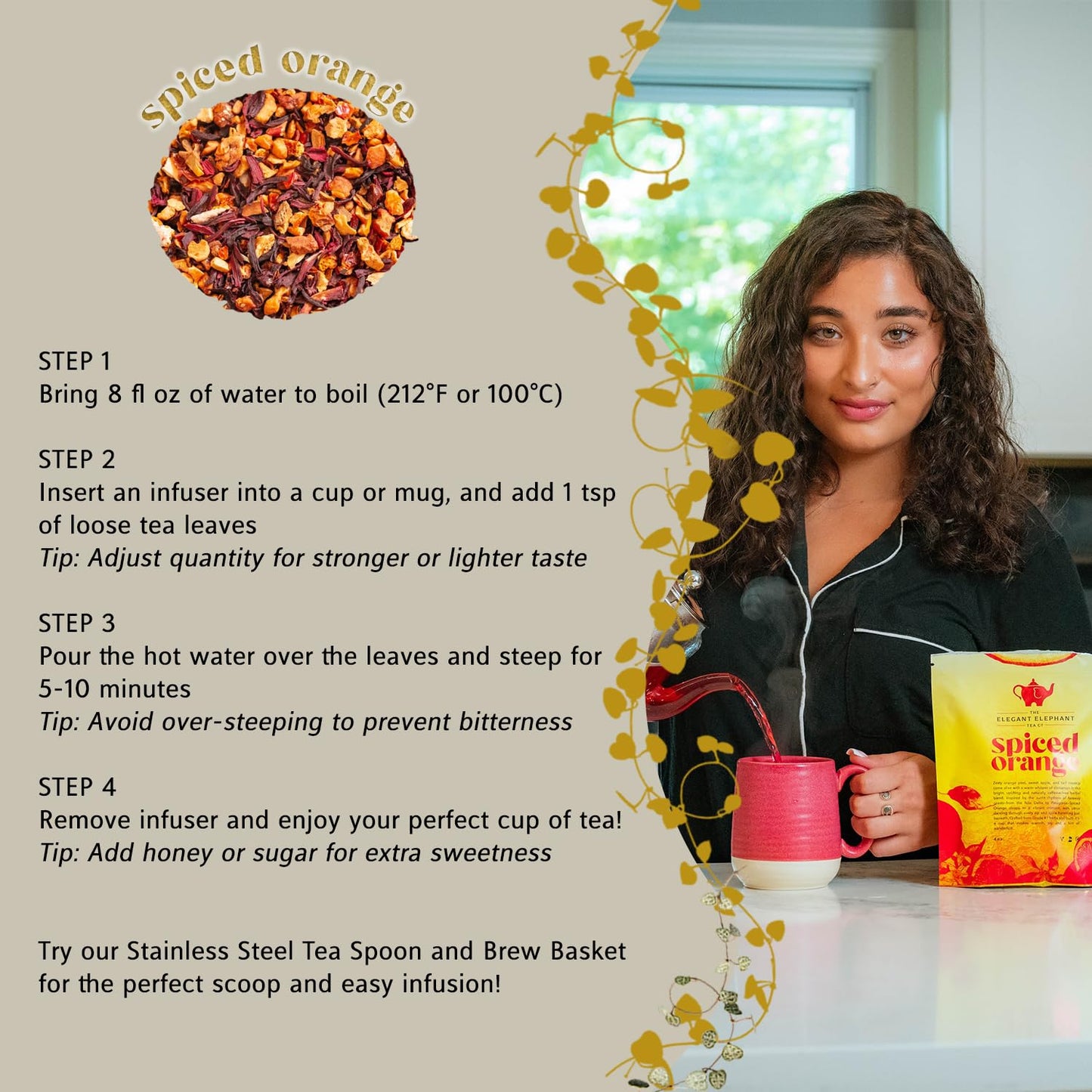 Spiced Orange Tea, Loose Leaf Herbal Tea – Sweet, Spicy, Caffeine-Free – Orange, Apple &amp; Cinnamon Spice – Drink Hot or Iced – 4 oz Resealable Bag (Makes 50 Cups) – The Elegant Elephant