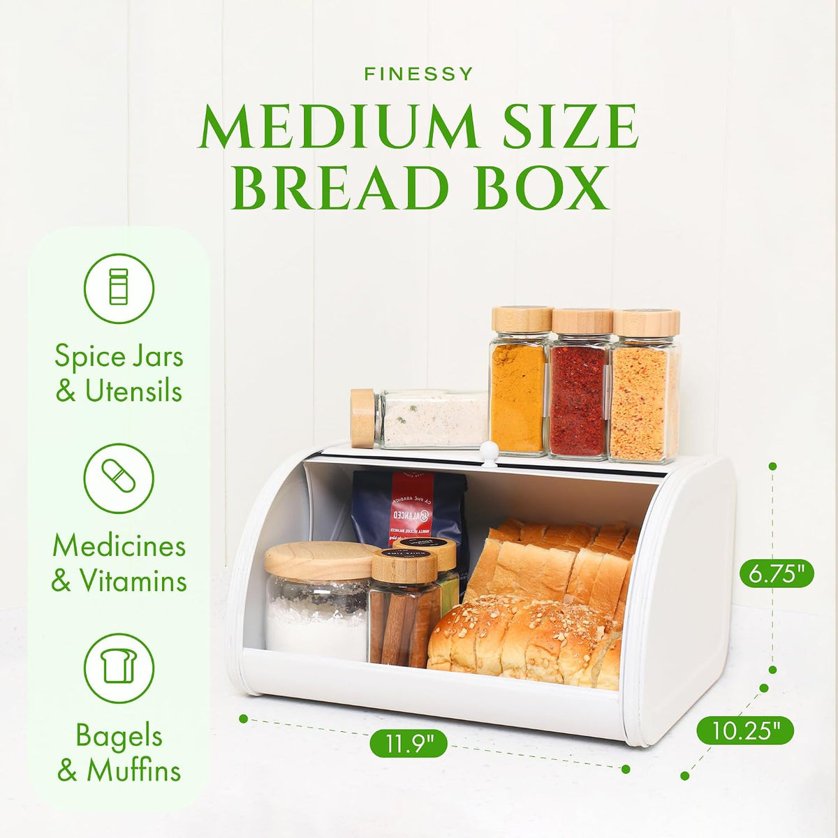 Modern Metal White Bread Box for Kitchen Countertop for Homemade Loaf Sourdough, Roll Top Breadbox for Kitchen Countertop Storage Container Bin, Farmhouse Stainless Steel Bread Keeper for Counters