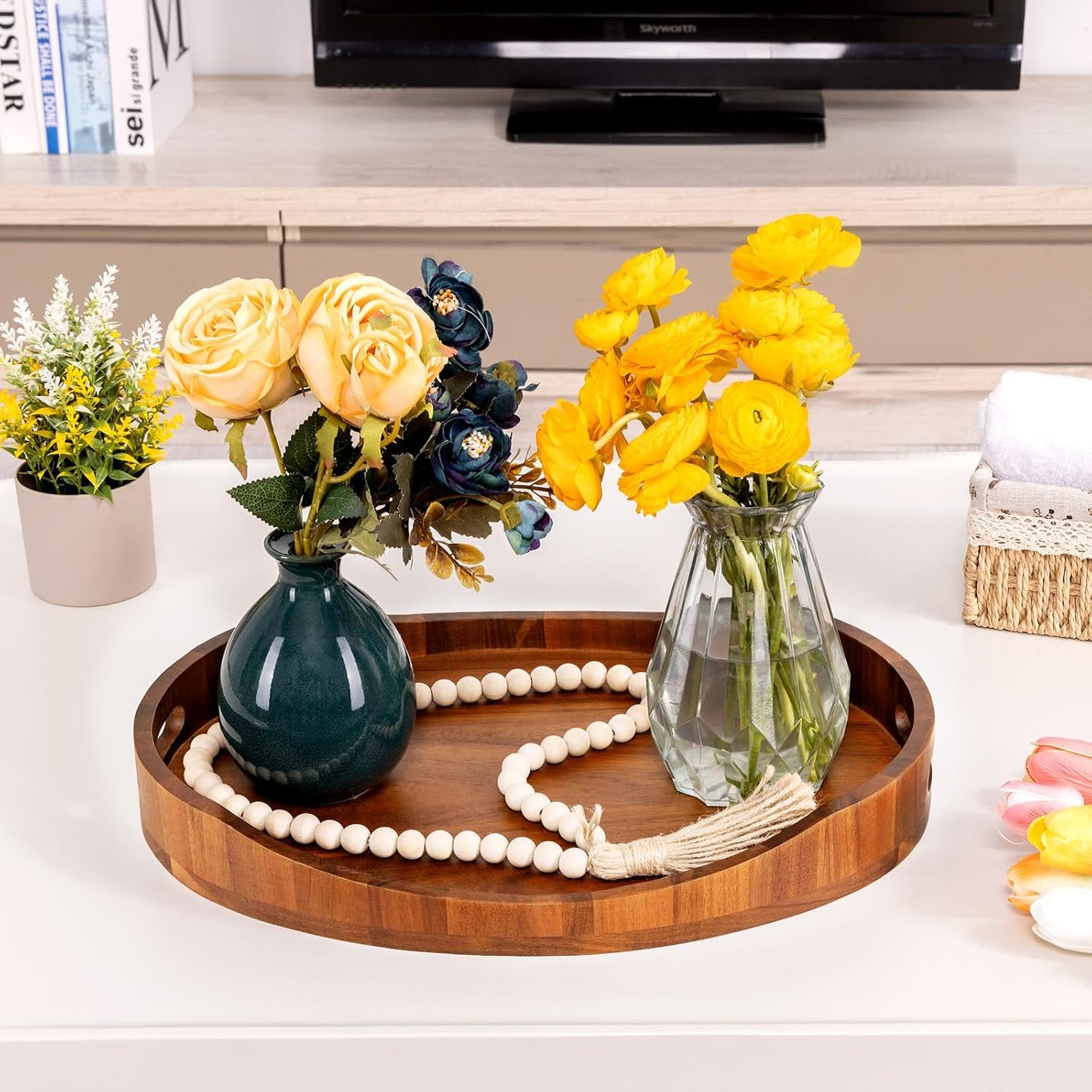 HouseJoy Wood Serving Tray with Handle: Decorative Ottoman Tray w/High Edge | 16.5x13in size-Acacia Wood-12mm Thick-Easy to Grip-Waterproof-Tray for Food in Bed/Coffee Table/Bathroom-Dessert Display