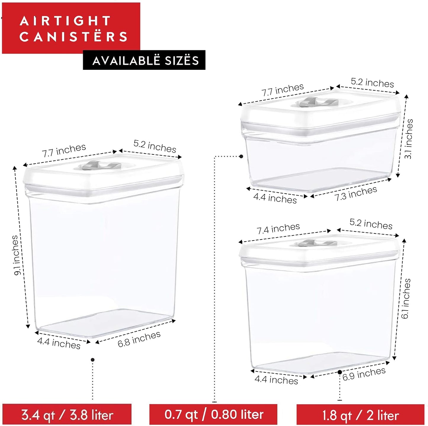 DWËLLZA KITCHEN Large Airtight Food Storage Containers with White Lids (3.8L, 0.8L) - Clear Plastic Bulk Food Pantry &amp; Kitchen Storage Containers for Flour, Sugar 4 Pc BPA-Free, Keeps Fresh &amp; Dry