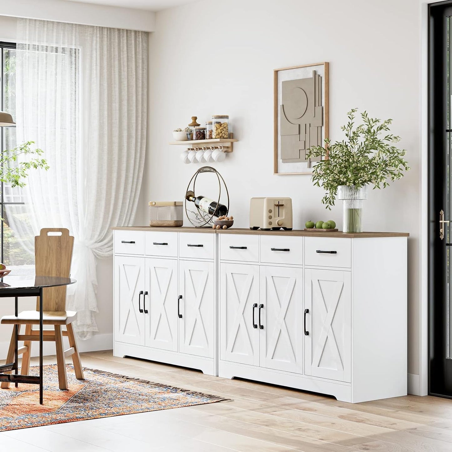 HOSTACK Kitchen Buffet Cabinet with Storage, Sideboard Coffee Bar, White | Farmhouse Kitchen Storage Cabinet with 3 Drawers &amp; Adjustable Shelf, 42.5"W Buffet Table for Dining Living Room
