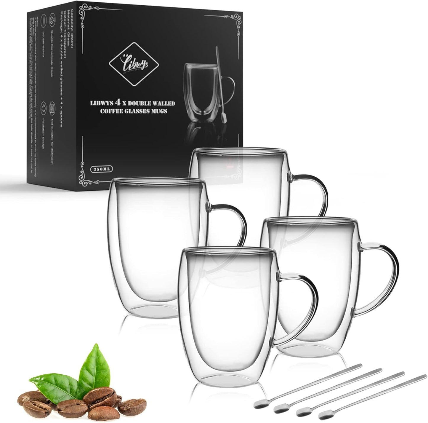 LIBWYS 4 Pack Double Walled Coffee Cups Glasses Mugs 12oz, Espresso Cappuccino Latte Tea Cups with H