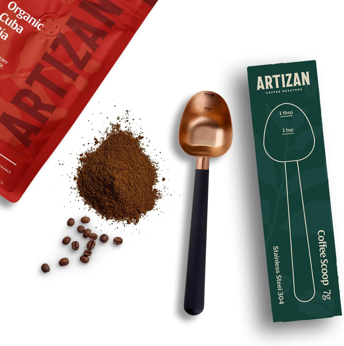 Artizan Coffee 1 Tbsp Coffee Measuring Scoop, Rose Gold Stainless Steel Copper Scoop for Ground Coffee, Beans, Tea &amp; More - 7g, 17 cm Long Handle