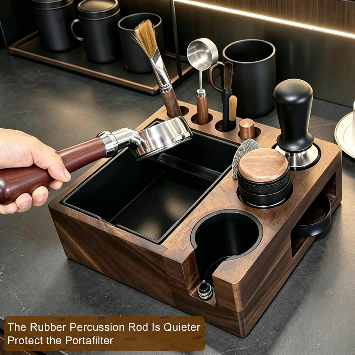 Espresso tamping station knock box,tamper station,Espresso station fit for storage 51-58mm tamper,distributor,portafilter,puck screen accessories,9 in 1 espresso knock box and tamper station