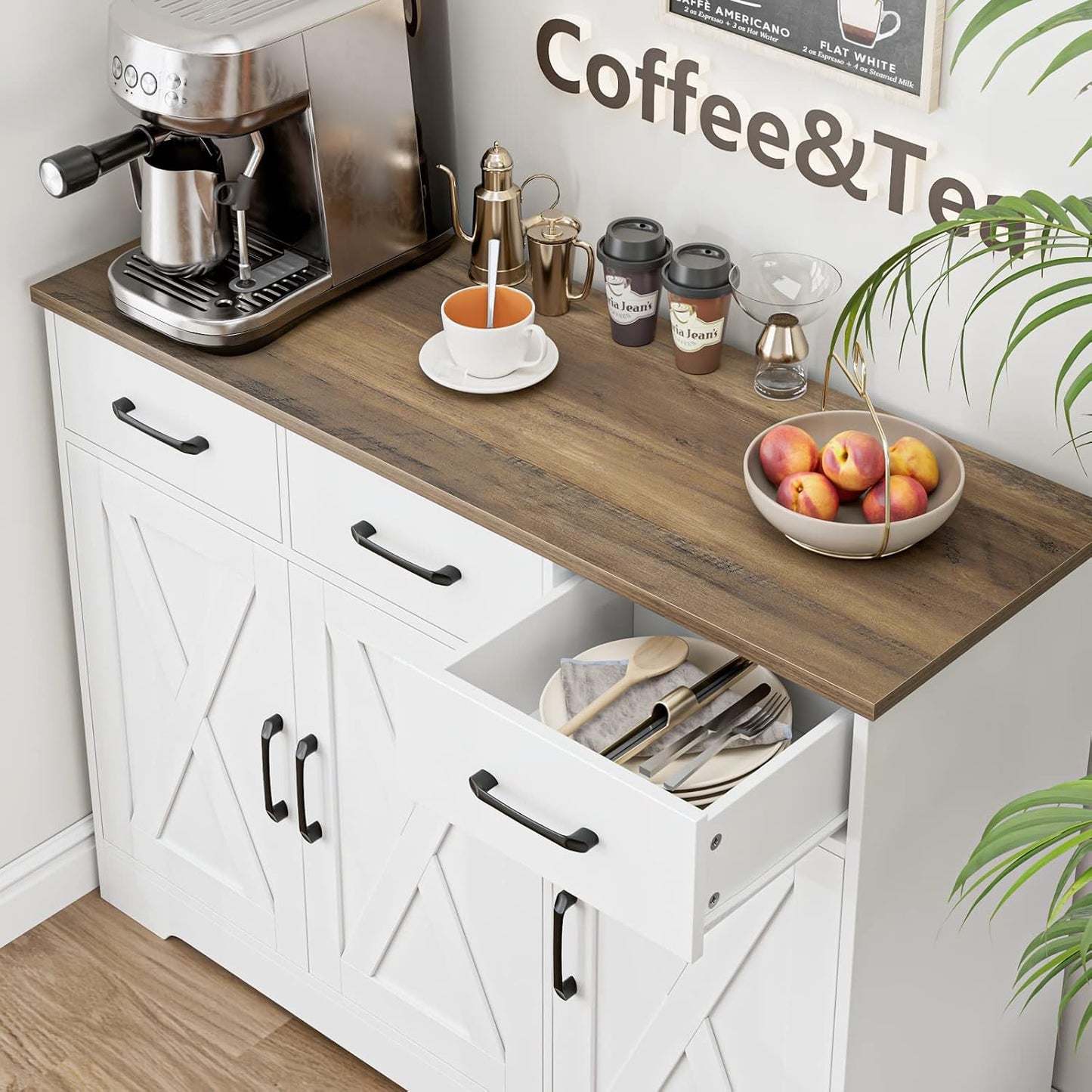 HOSTACK Kitchen Buffet Cabinet with Storage, Sideboard Coffee Bar, White | Farmhouse Kitchen Storage Cabinet with 3 Drawers &amp; Adjustable Shelf, 42.5"W Buffet Table for Dining Living Room