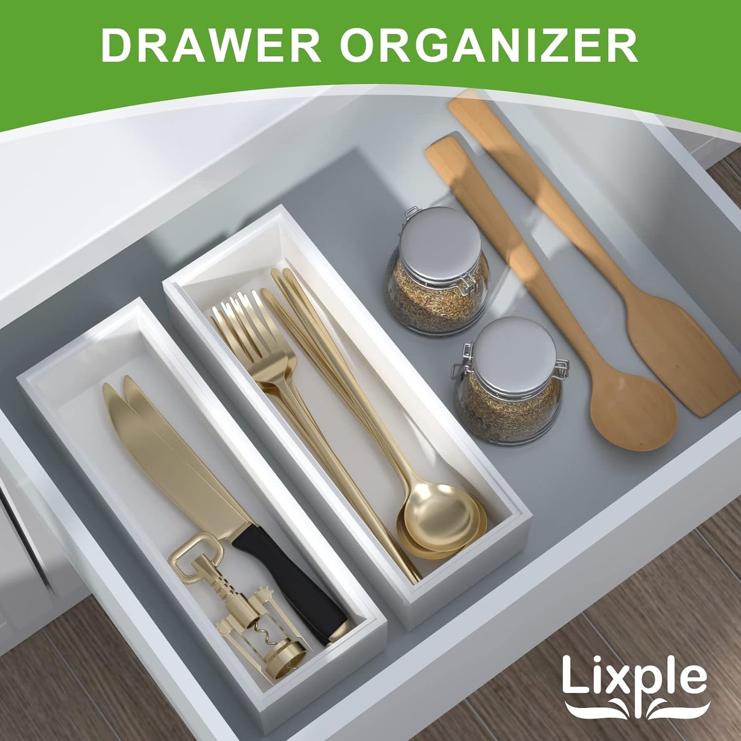 Lixple Bamboo Kitchen Drawer Organizer, 2 Pack, 9" x 3" x 2", White