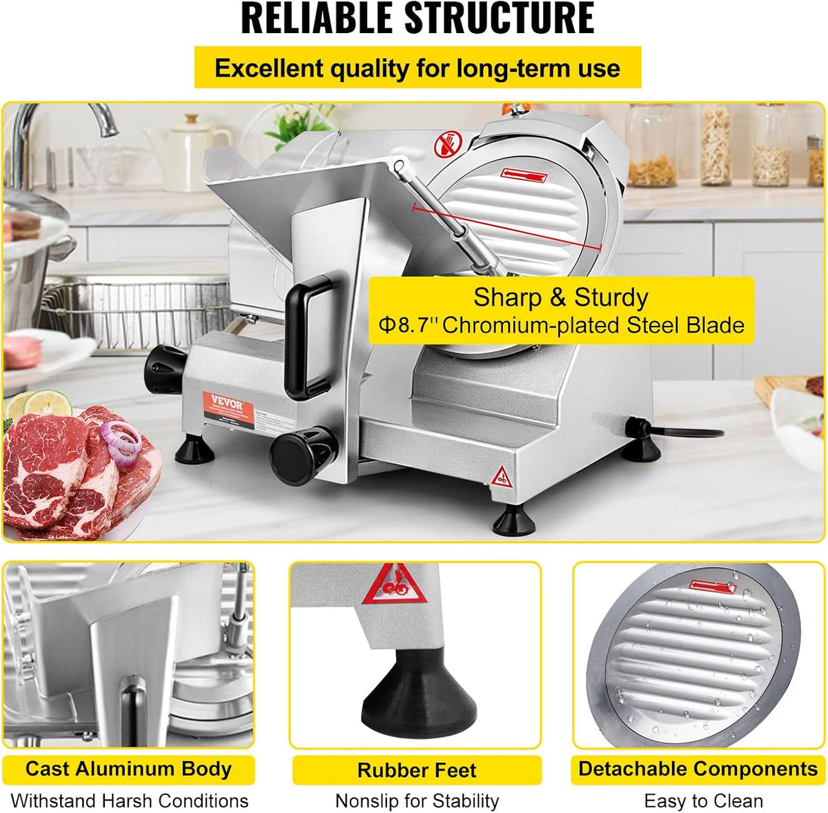 VEVOR Commercial Meat Slicer, 200W Electric Deli Food Slicer, 0-12mm Adjustable Thickness Electric Meat Slicer, 350-400RPM Slicer with 8.7'' Chromium-plated Steel Blade for Home &amp; Commercial Use