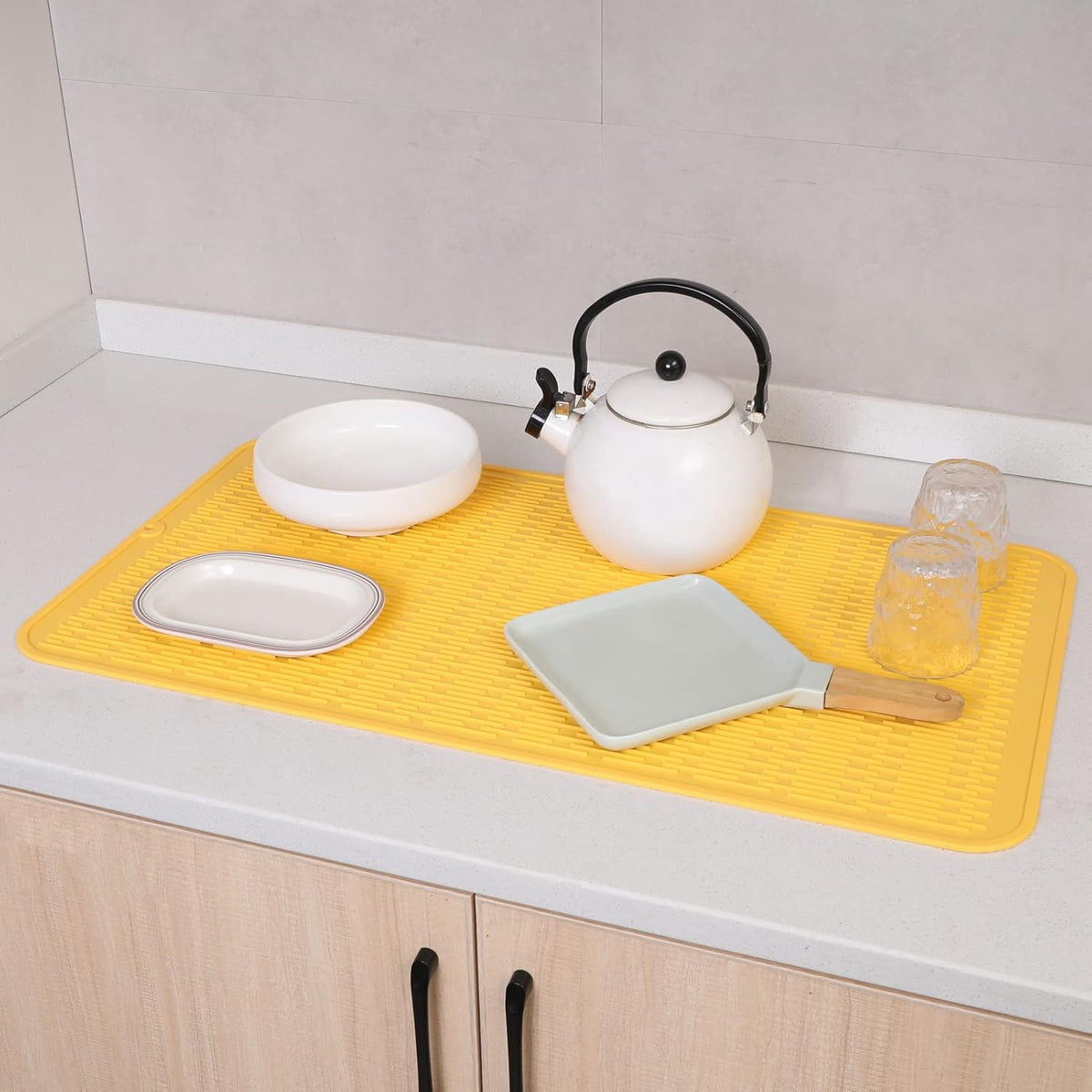 Silicone Dish Drying Mat for Multiple Usage,Easy clean,Eco-friendly,Heat-resistant Silicone Mat for Kitchen Counter or Sink,Refrigerator or Drawer Liner Yellow 4XL 32 inches x 18 inches