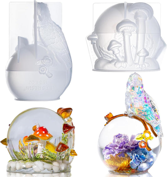 LET’S Resin Crystal Ball Resin Molds, Crystal Orb Decorative Statue Silicone Molds with Mushroom Stand and Bird Figurine,3D
