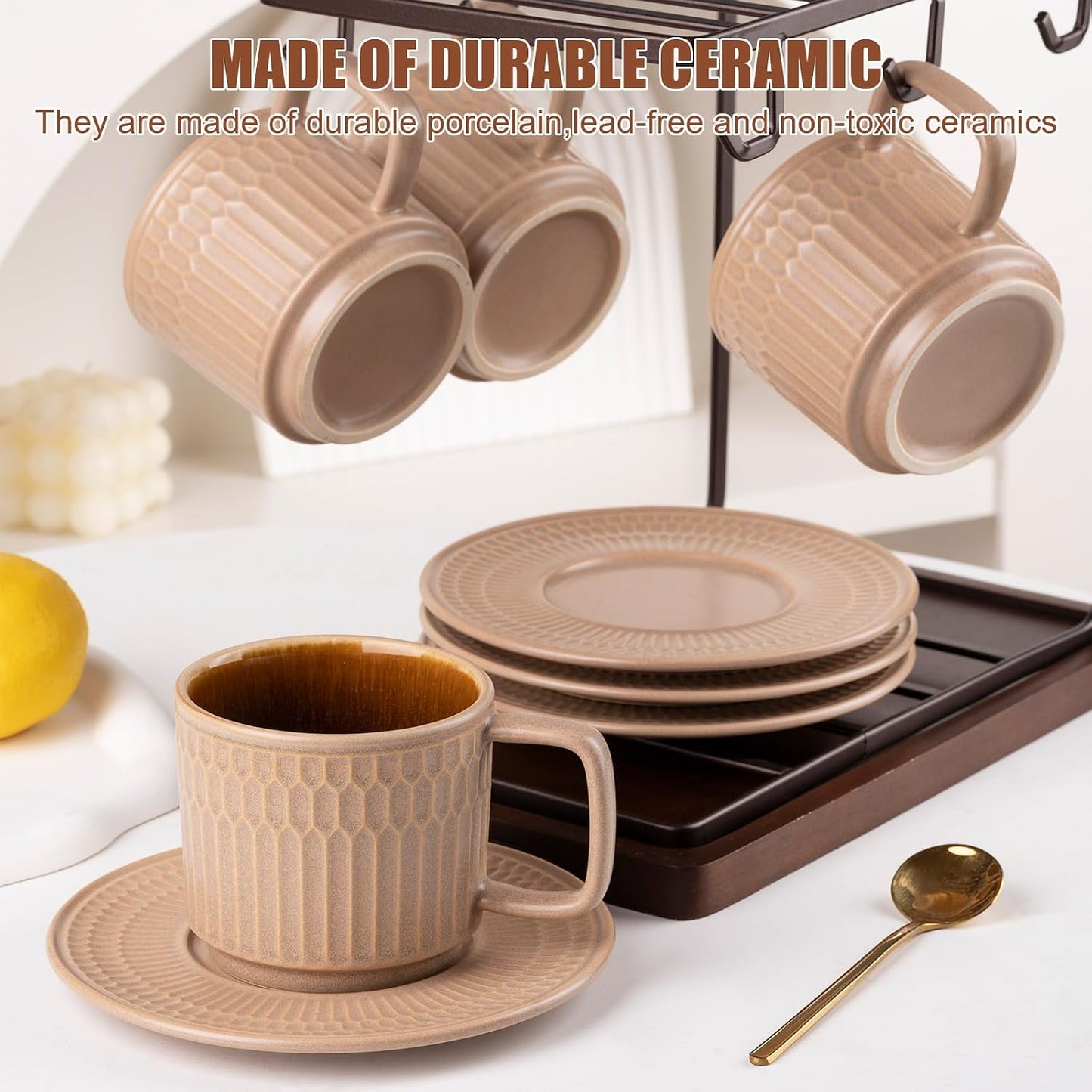 8oz Cappuccino Cups with Saucers Set of 4, 8 Ounce Stackable Embossed Ceramic Coffee Mugs for Specialty Coffee Drinks, Latte Mugs, Cafe Mocha and Tea, Dishwasher &amp; Microwave Safe (Brown)