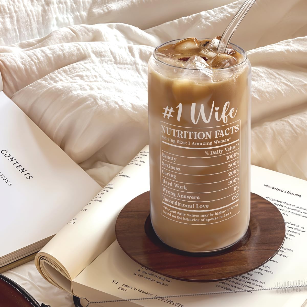 SANDJEST Wife Glass Can, Wifey Cup with Lid &amp; Straw, Iced Coffee Aesthetic Cups, Idea Gift for Christmas Marriage Birthday Anniversary Valentine, Gifts for Women, 16oz