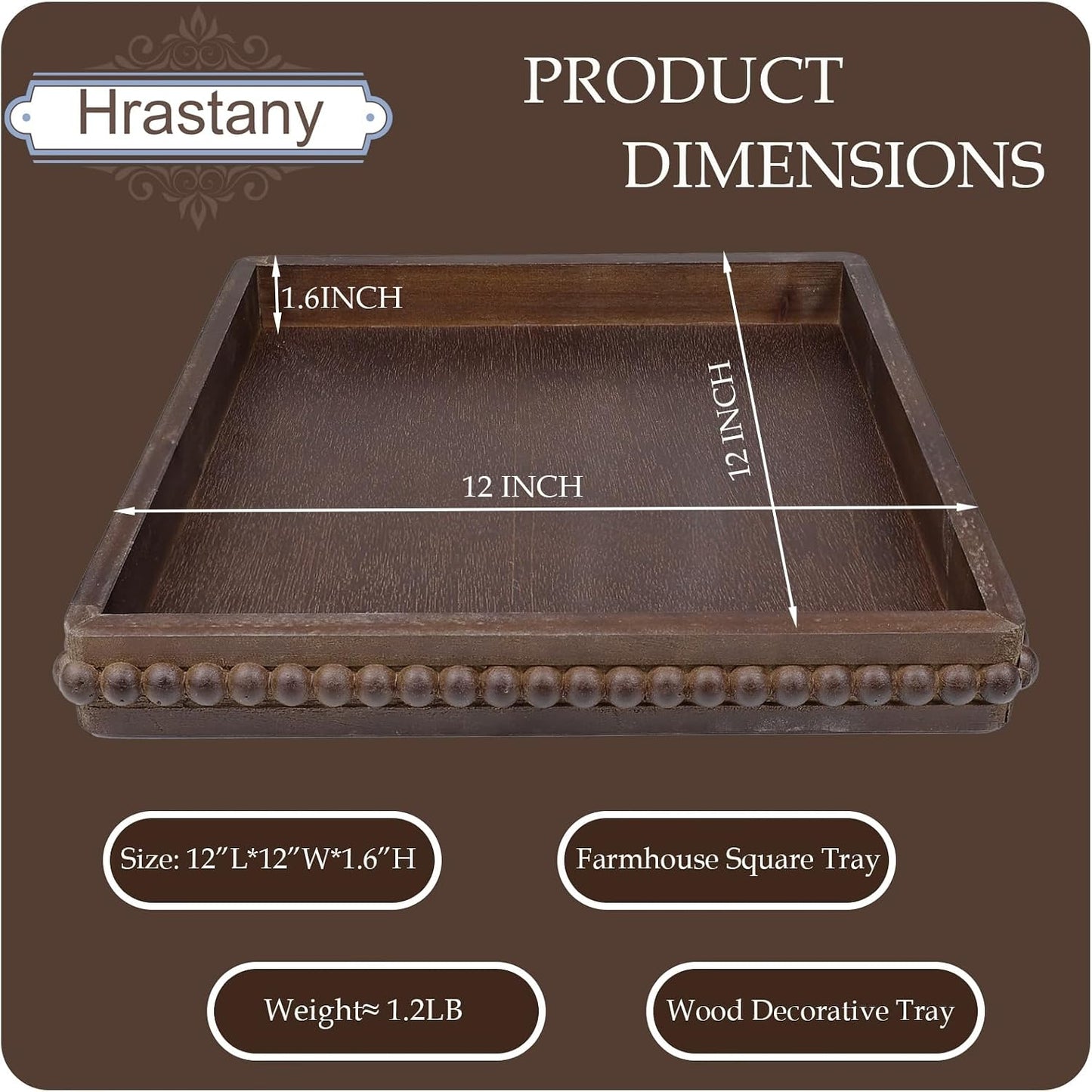 Hrastany Square Wood Decorative Serving Tray, 15"*9" Retro Brown