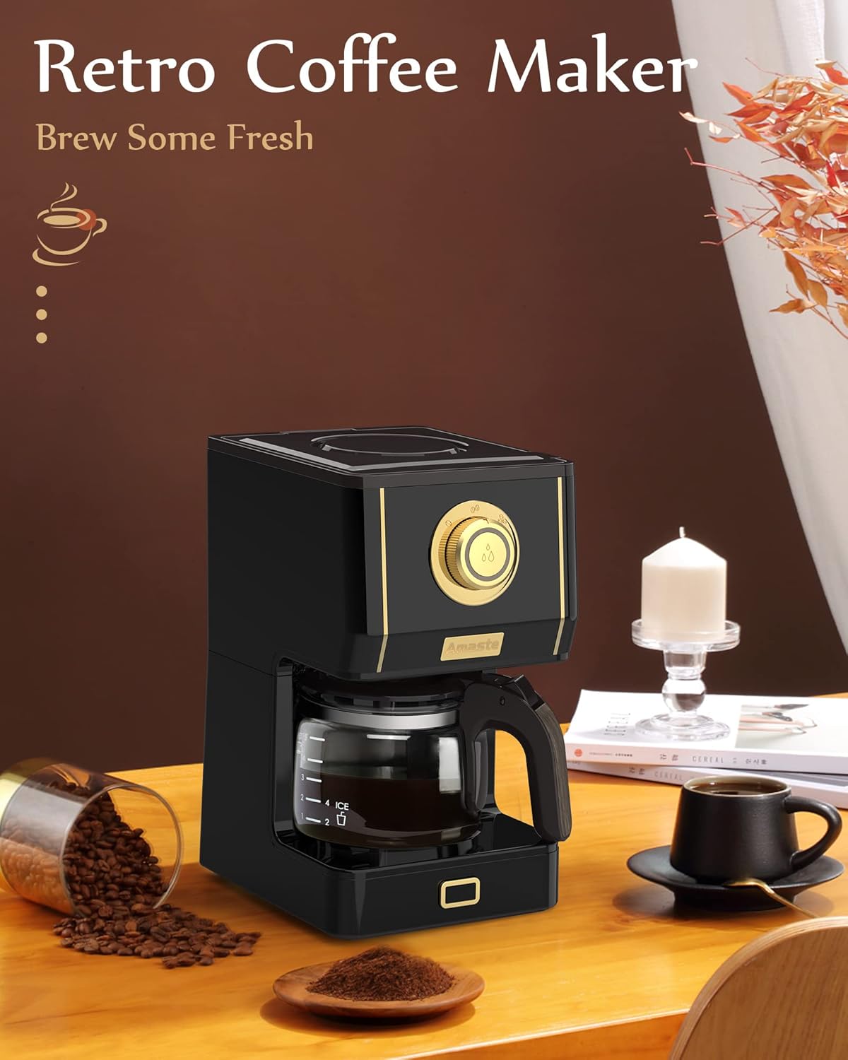Amaste Coffee Maker, 25 Oz Drip Retro Style Coffee Machine with Glass Coffee Pot with Reusable Coffee Filter & Three Brewing Modes, 30minute-Warm-Keeping, CM 1003AE-Black